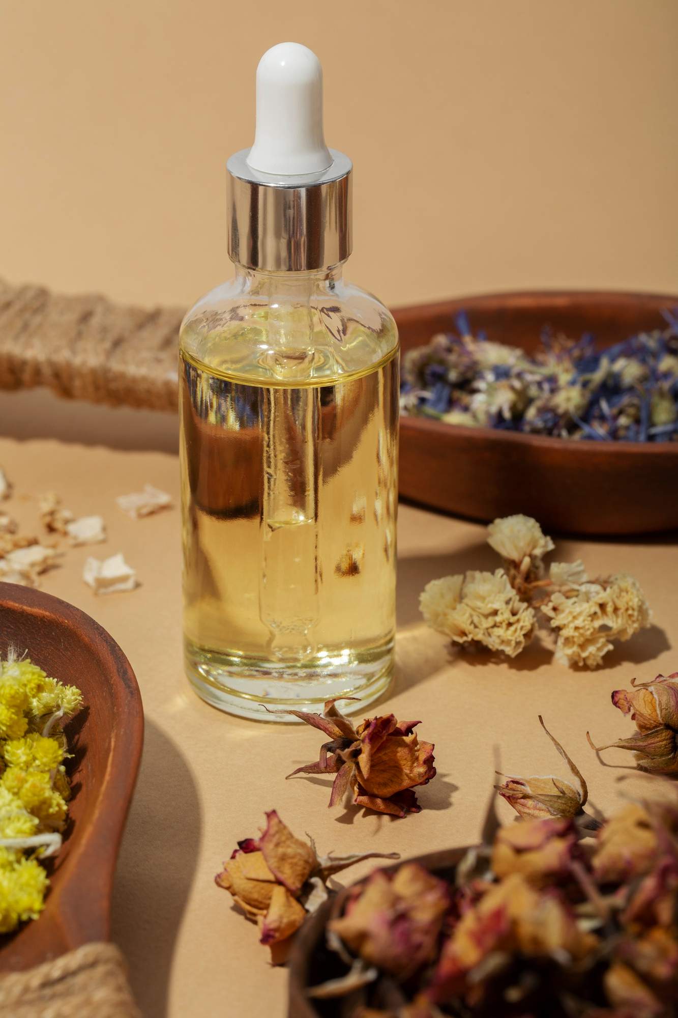 PurePress cold-pressed oil dropper bottle staged with dried botanicals