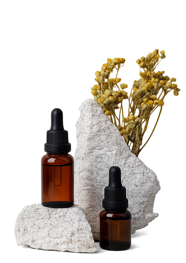 PurePress cold-pressed oil bottles staged on natural stone with dried botanicals