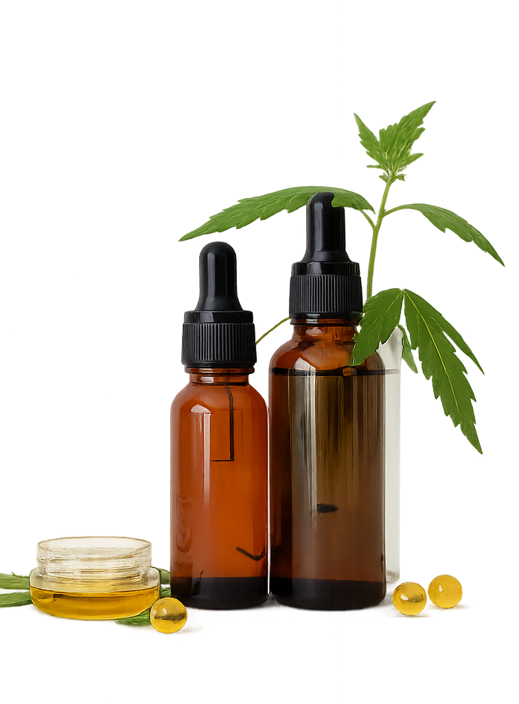 PurePress cold-pressed oil dropper bottles with fresh botanical leaf and oil dish